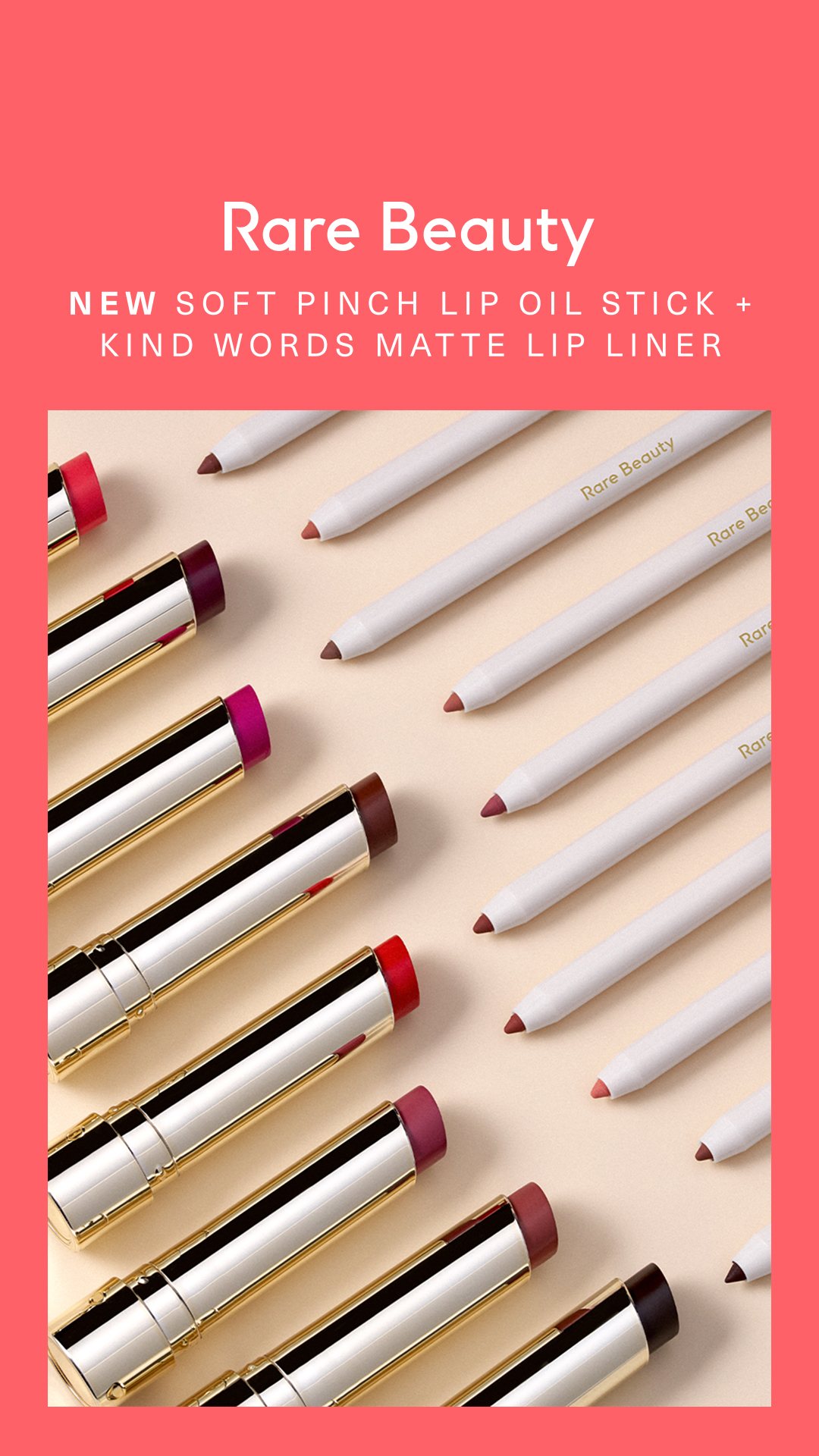 Rare Beauty ad: Lip oil and liner laid out as a pair.