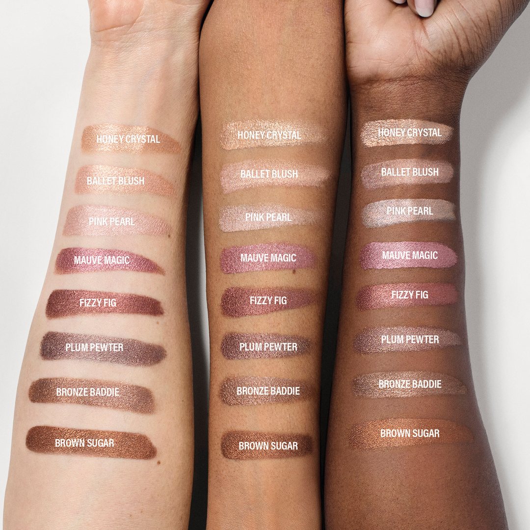 Makeup by Mario ad: Every shade swatched on three skin tones, each one named.