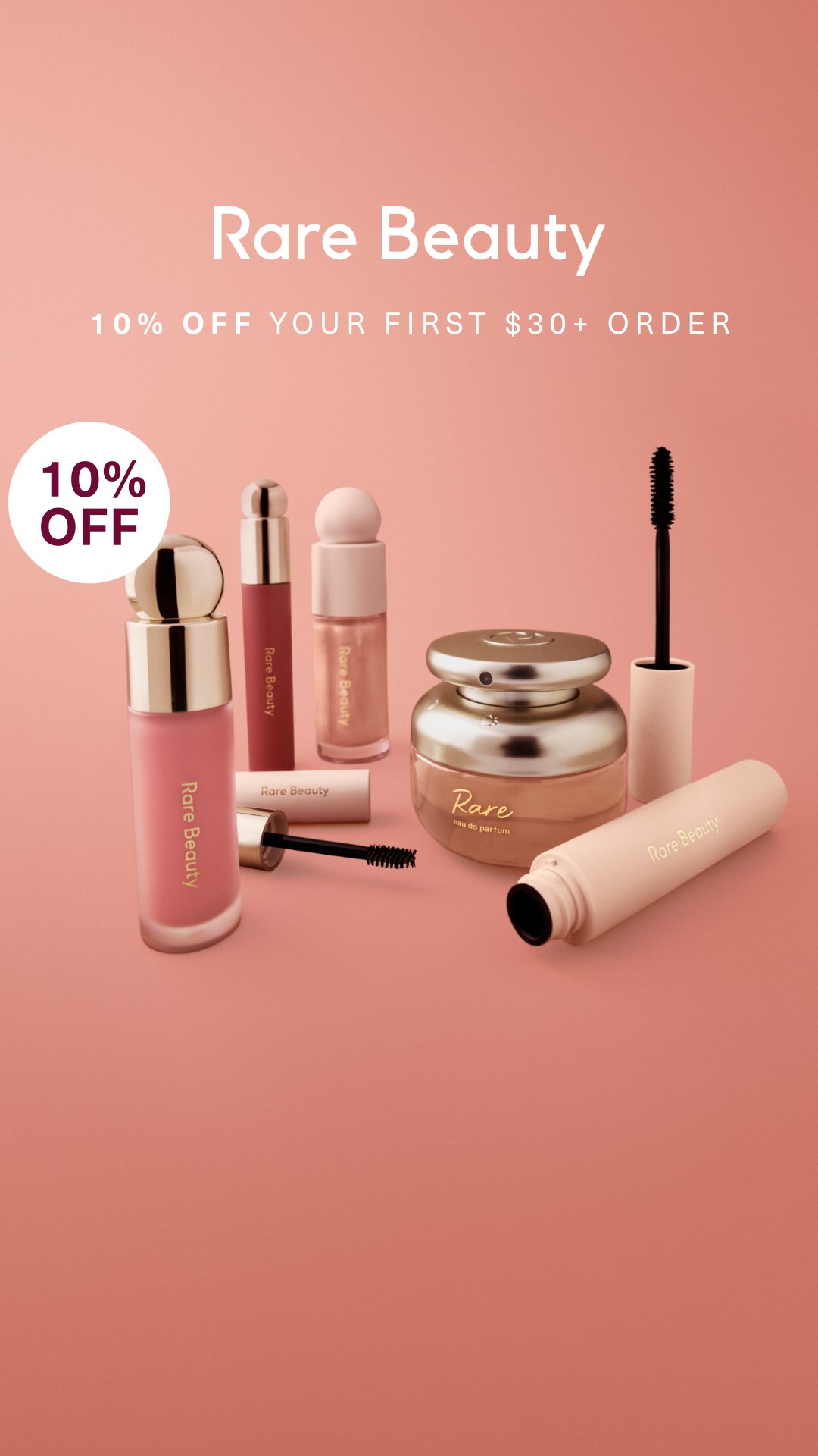 Rare Beauty ad: A first-order discount, printed in the picture.