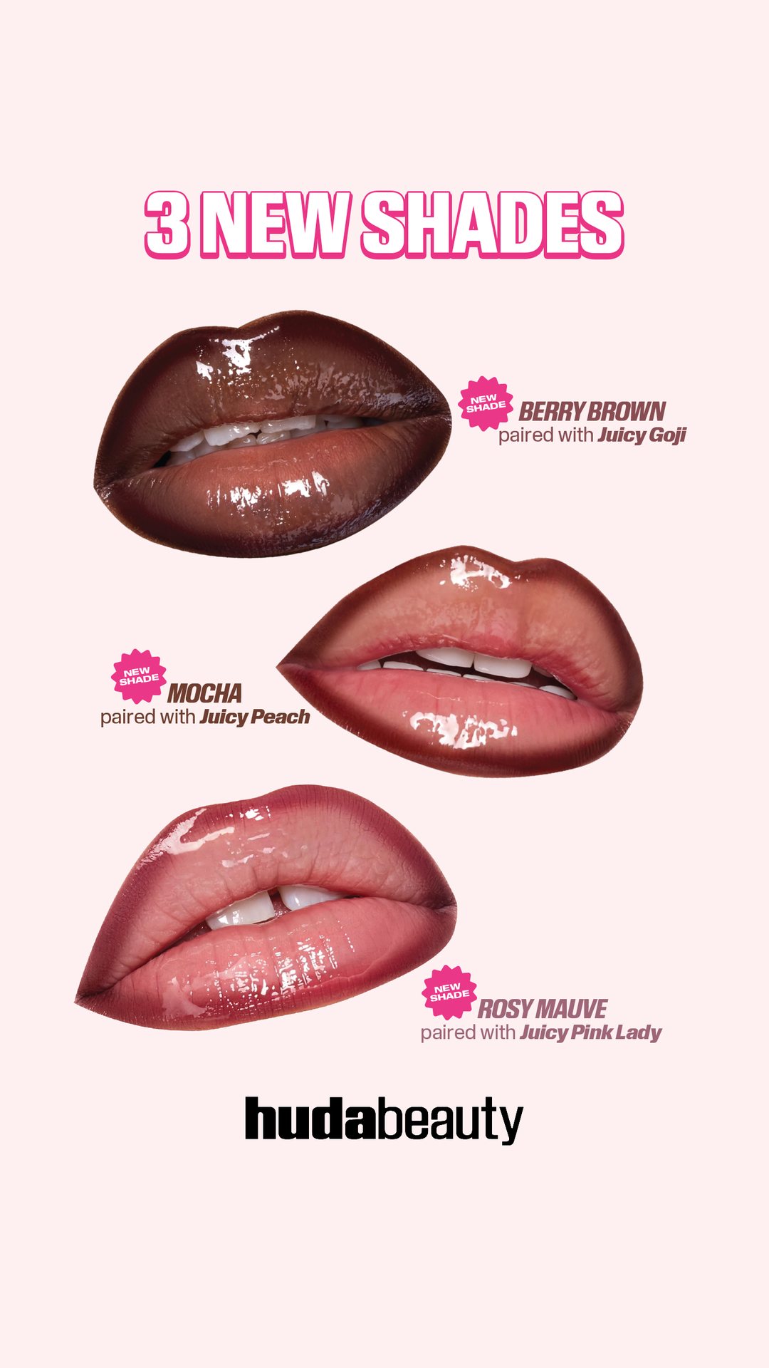 Huda Beauty ad: Each new lip shade shown with the lip oil it pairs with.