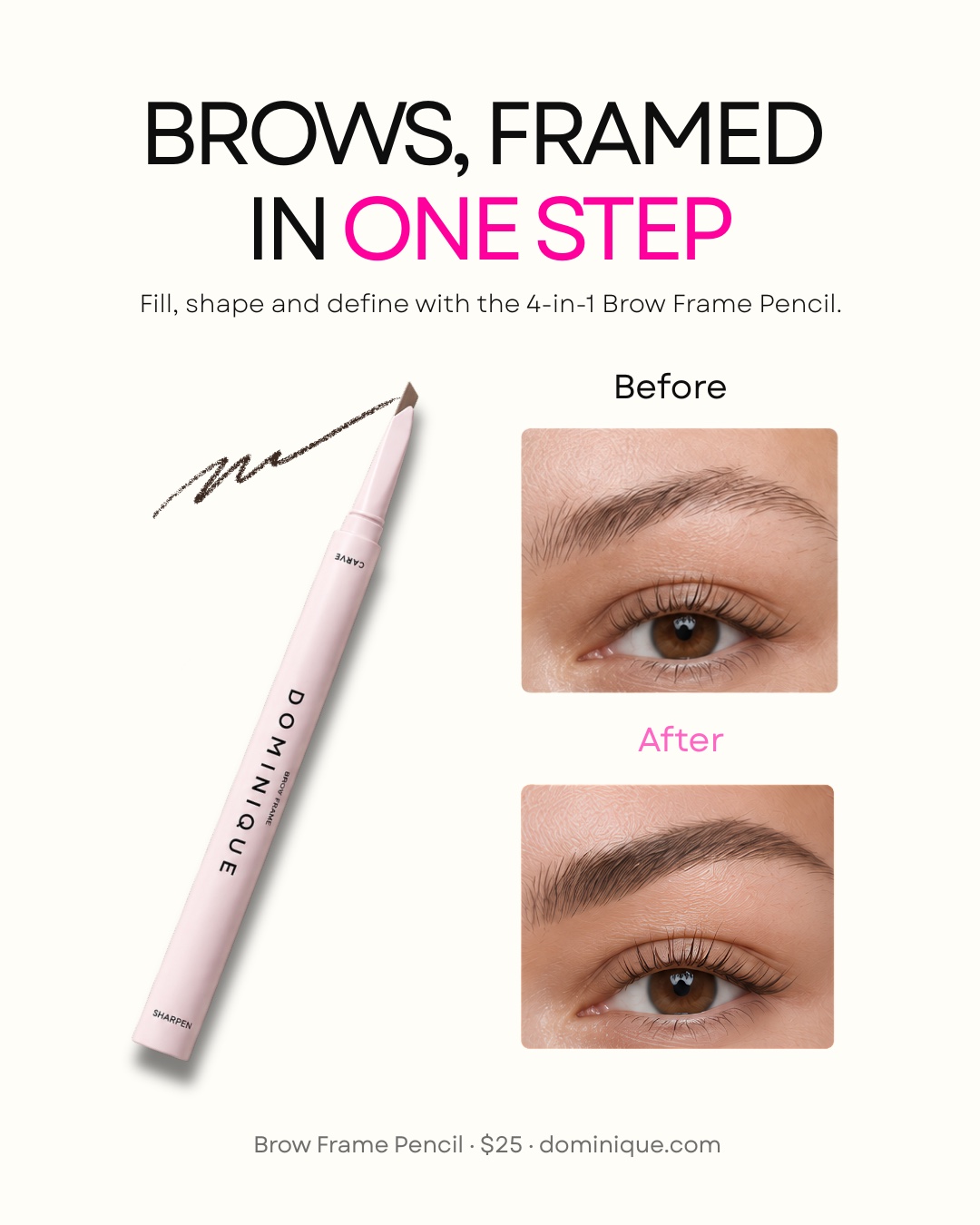 Sample static for the Brow Frame Pencil: before and after